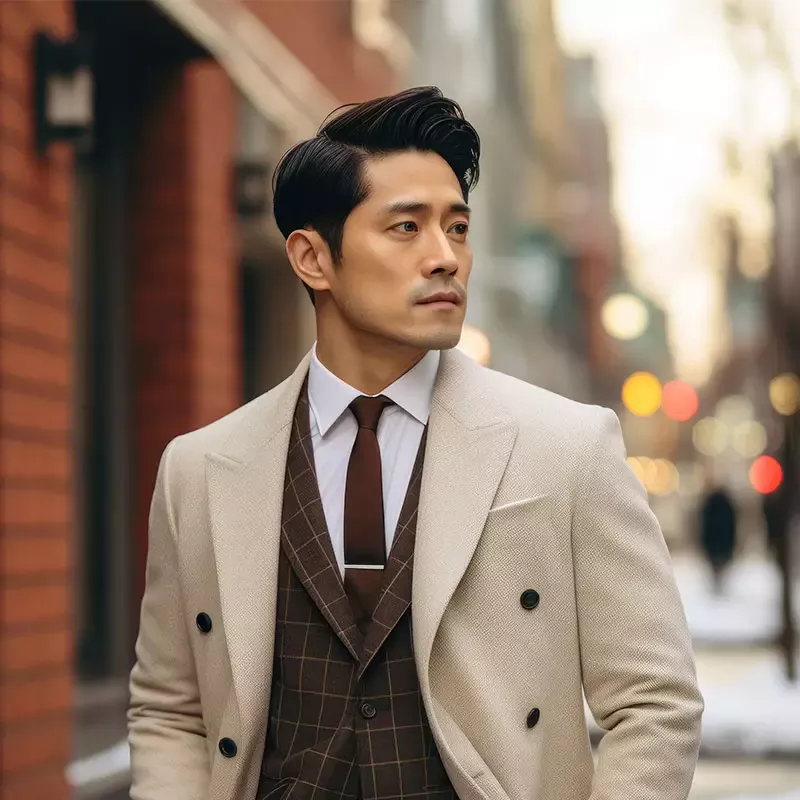 An elegant man in a suit and tie standing in the middle of a city street.