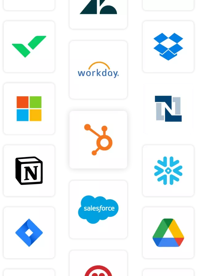 A masonry layout of icons including Hubspot, Salesforce, Snowflake, Microsoft, Workday, and NetSuite.
