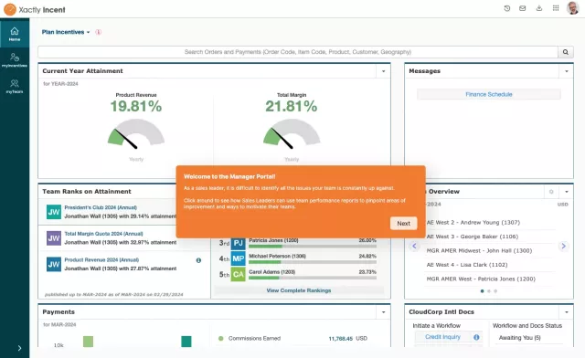A screenshot of the Incent Product Tour featuring the Manager Portal