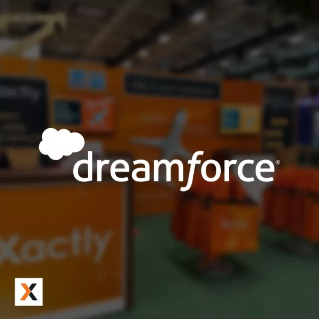 dreamforce logo with Xactly booth in background